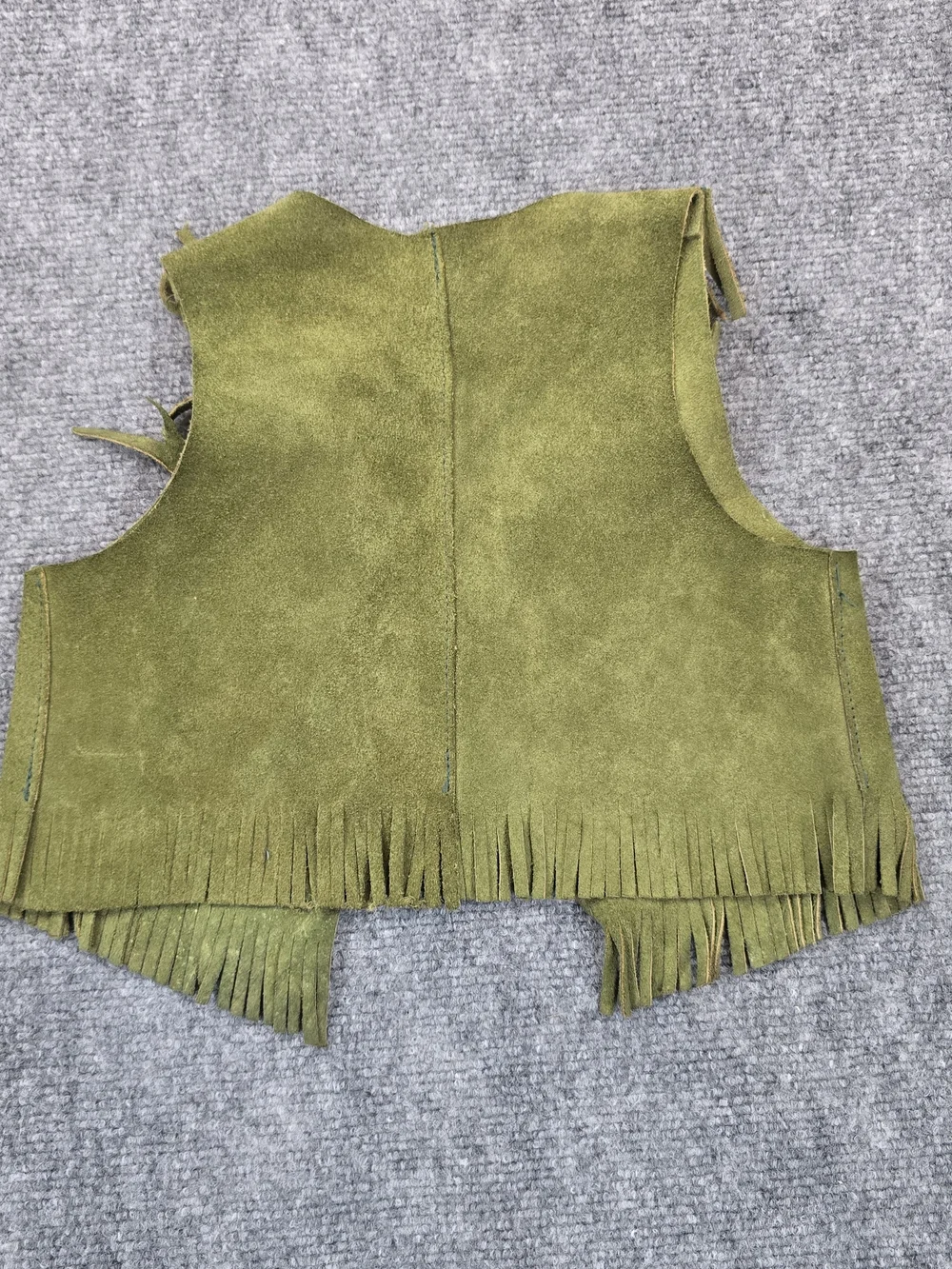 Vintage Sears Kids Leather Fringe Vest Olive Green Western Cowboy Size 4/5